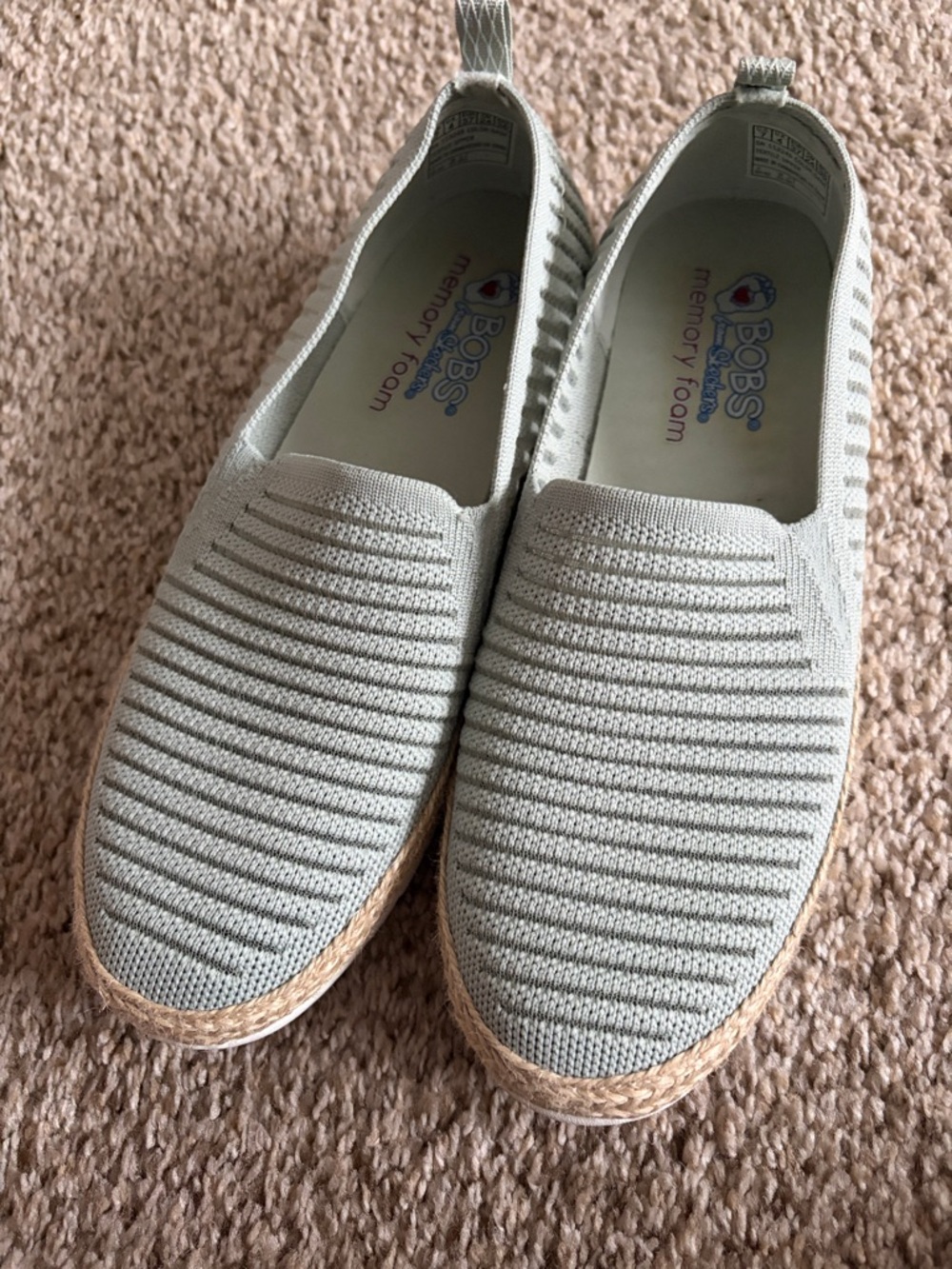 Skechers Light Sage Green Slip-On Flats with Tan Espadrille Trim
